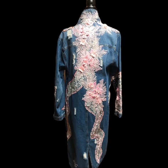 Pink Crystal Pearl Flower Embellished Distressed Jean Duster - Picture 2 of 14